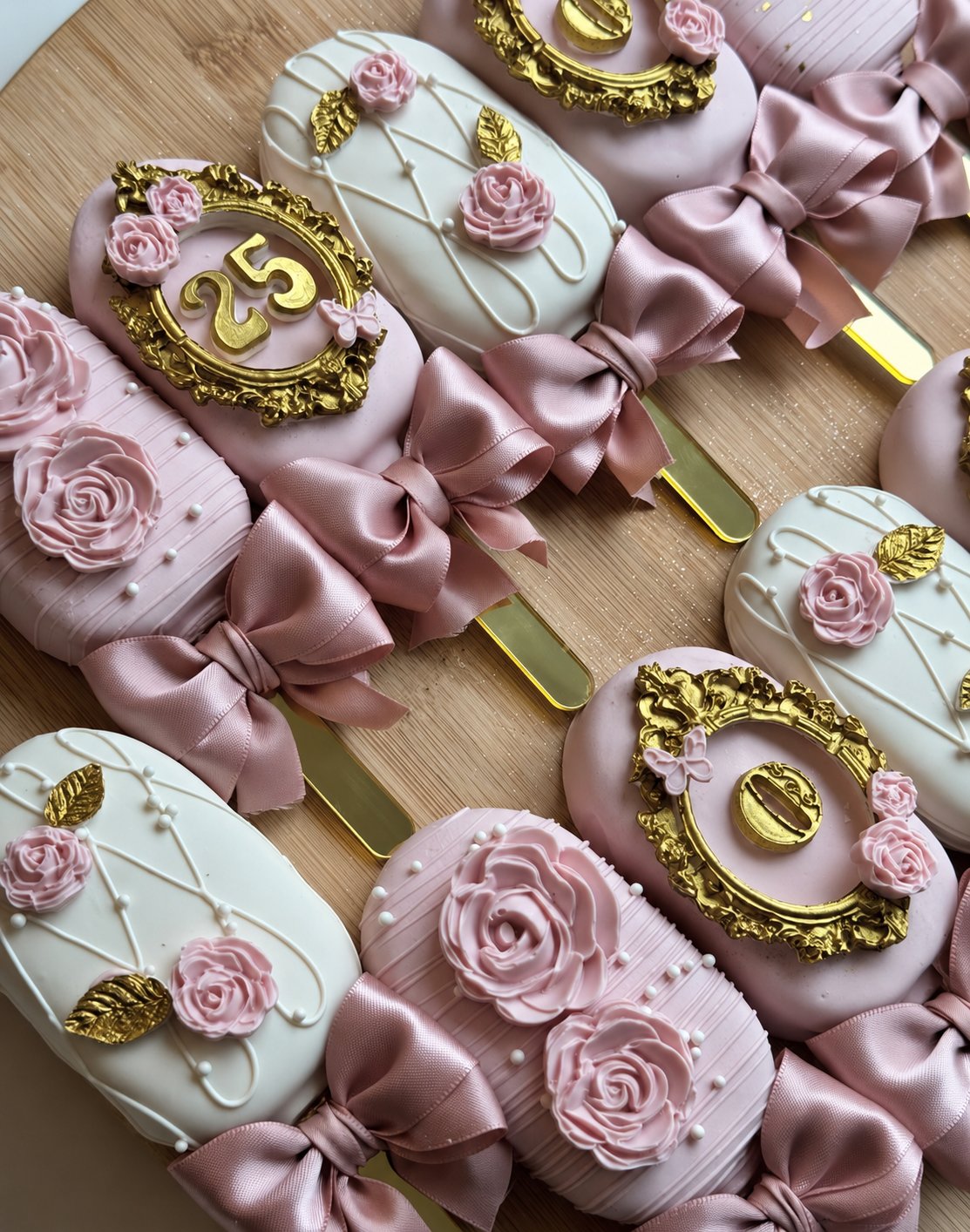 Elegant cakesicles with roses and gold frames